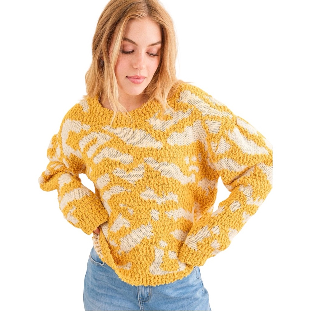 Yellow Textured Knit Sweater Abstract Pattern Soft Cozy Pullover S/M or M/L